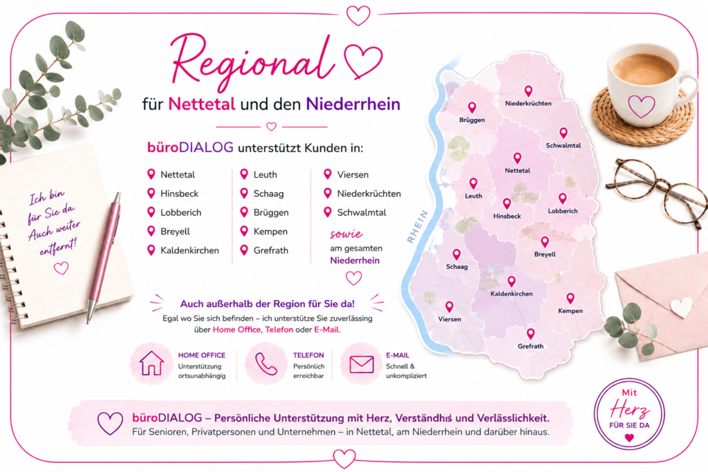 Karte der Region Nettetal und Niederrhein mit den Einsatzgebieten von büroDIALOG sowie Unterstützung per Home Office, Telefon und E-Mail.