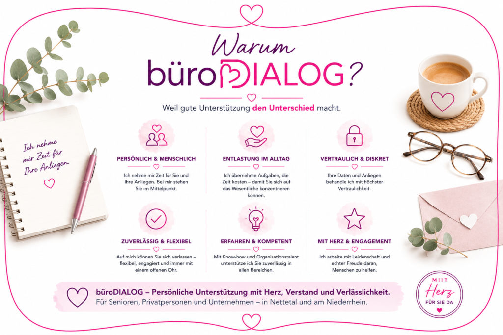 Stilvoller Arbeitsplatz mit Blumen, Notizbuch und Bürozubehör als Symbol für Zuverlässigkeit, Erfahrung und persönliche Betreuung.