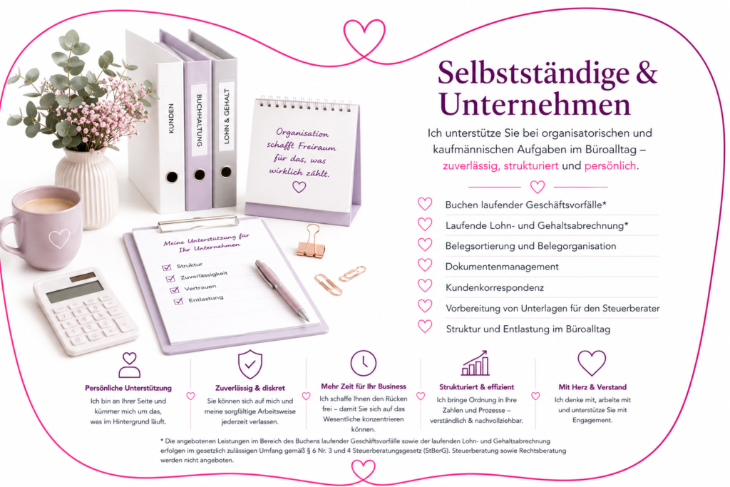 Moderner Arbeitsplatz mit Unterlagen und Büroorganisation für Selbstständige und kleine Unternehmen.