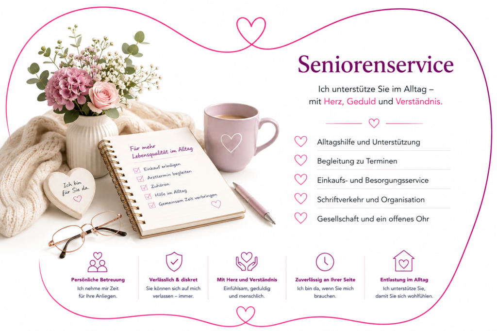 Freundlich gestalteter Arbeitsplatz mit Unterlagen und Schreibmaterial als Symbol für Unterstützung von Senioren im Alltag.