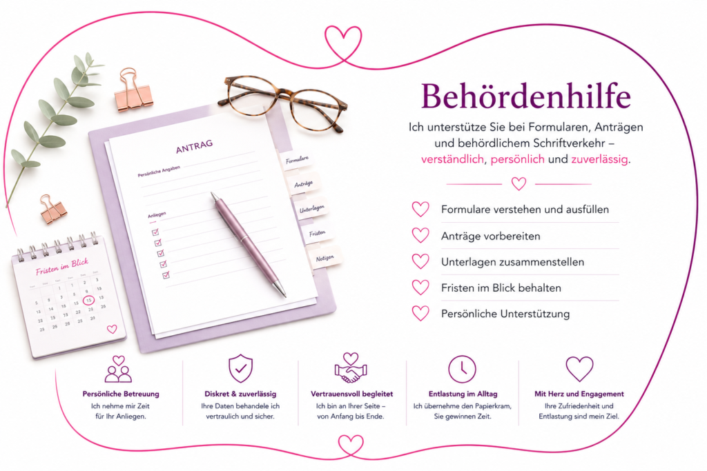 Formulare, Unterlagen und Schreibmaterial als Symbol für Unterstützung bei Behördenangelegenheiten und Anträgen.