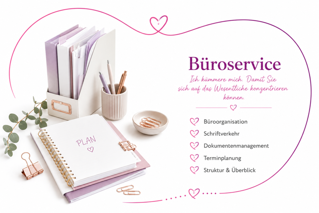 Ordentlich organisierter Arbeitsplatz mit Unterlagen, Notizbuch und Bürozubehör als Symbol für professionellen Büroservice.
